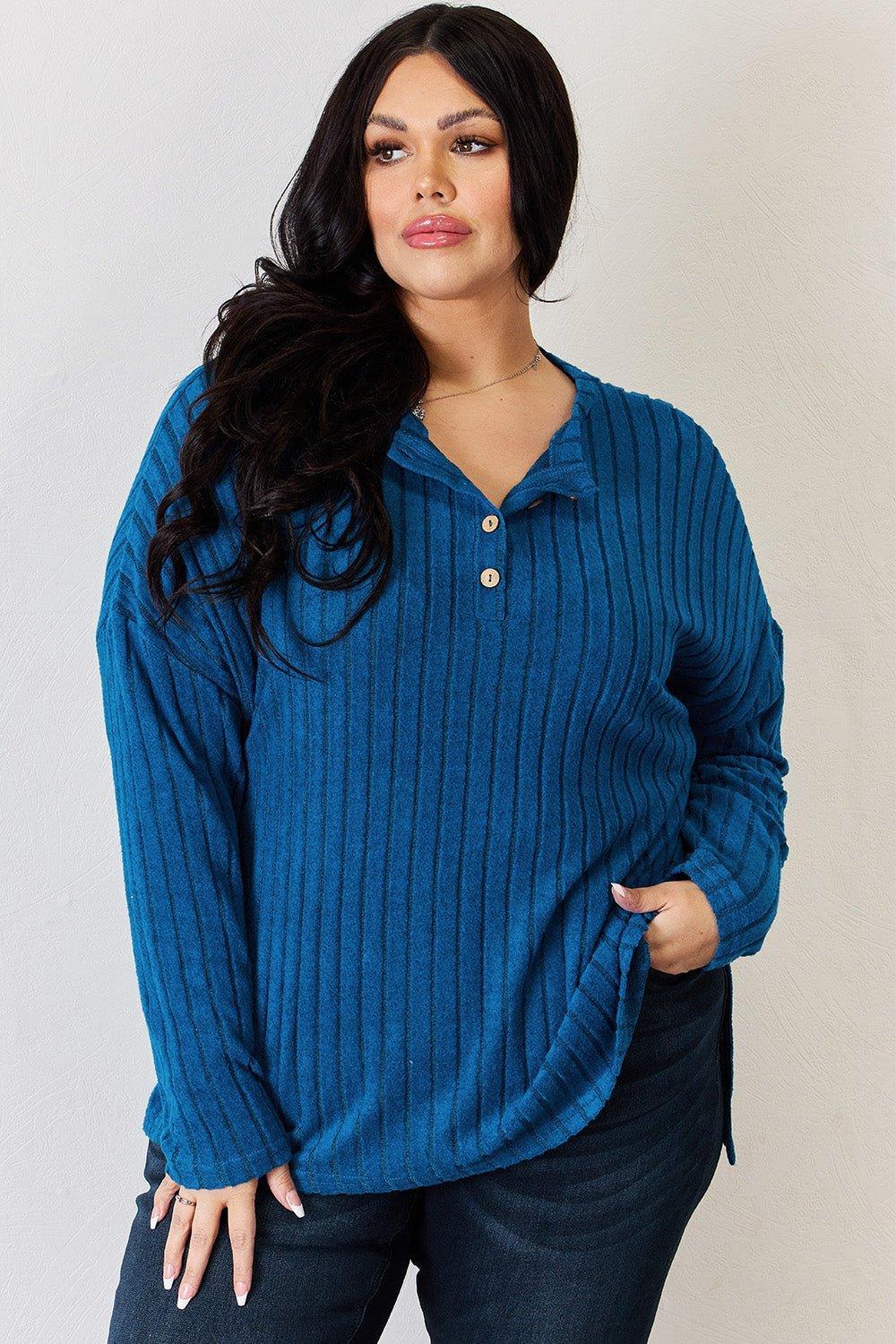 Basic Bae Full Size Ribbed Half Button Long Sleeve High - Low T - Shirt - Admiresty
