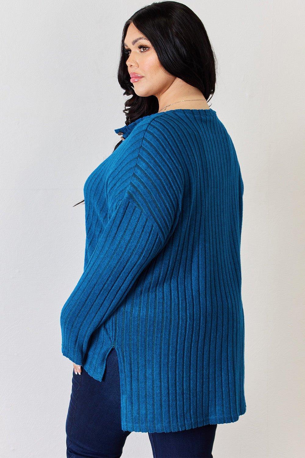 Basic Bae Full Size Ribbed Half Button Long Sleeve High - Low T - Shirt - Admiresty