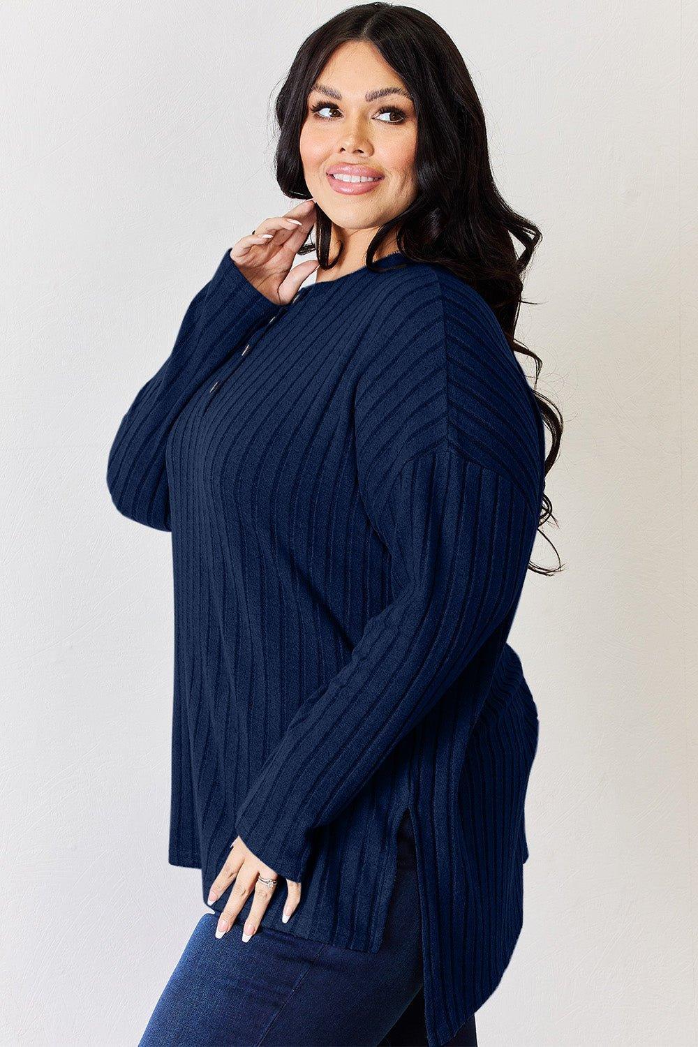 Basic Bae Full Size Ribbed Half Button Long Sleeve High - Low T - Shirt - Admiresty