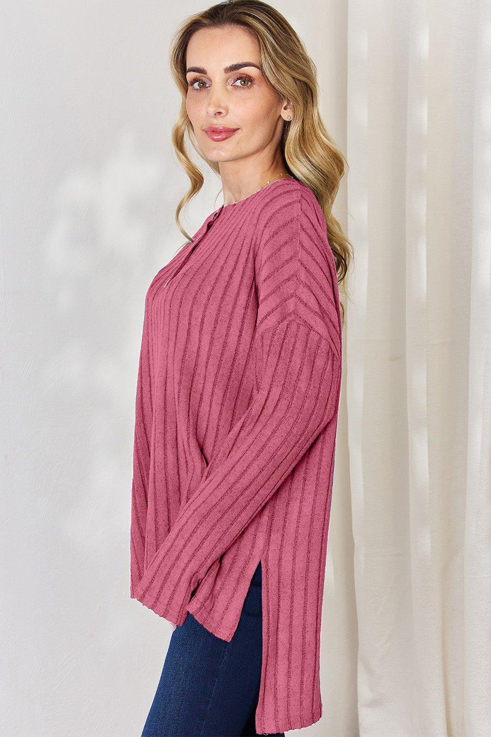 Basic Bae Full Size Ribbed Half Button Long Sleeve High - Low T - Shirt - Admiresty
