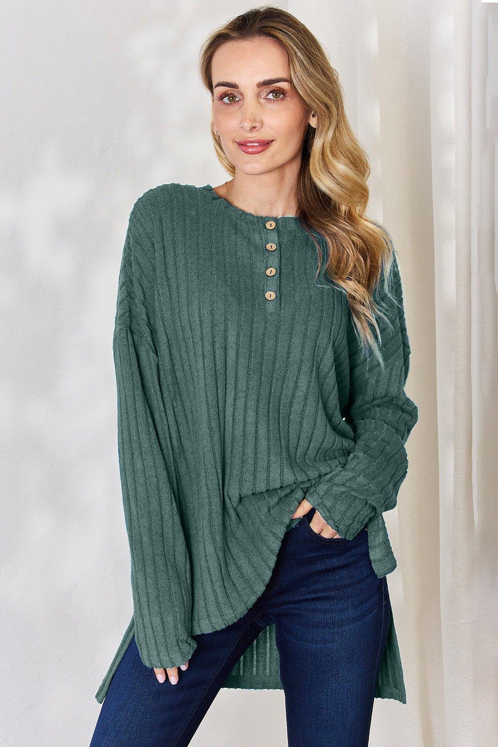Basic Bae Full Size Ribbed Half Button Long Sleeve High - Low T - Shirt - Admiresty