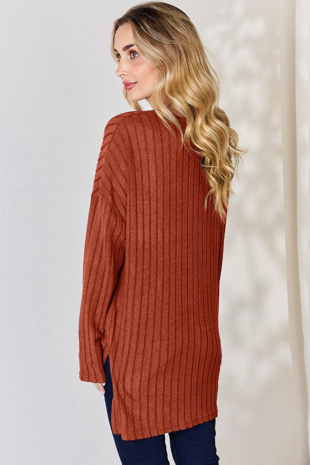 Basic Bae Full Size Ribbed Half Button Long Sleeve High - Low T - Shirt - Admiresty