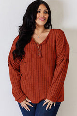 Basic Bae Full Size Ribbed Half Button Long Sleeve T - Shirt - Admiresty