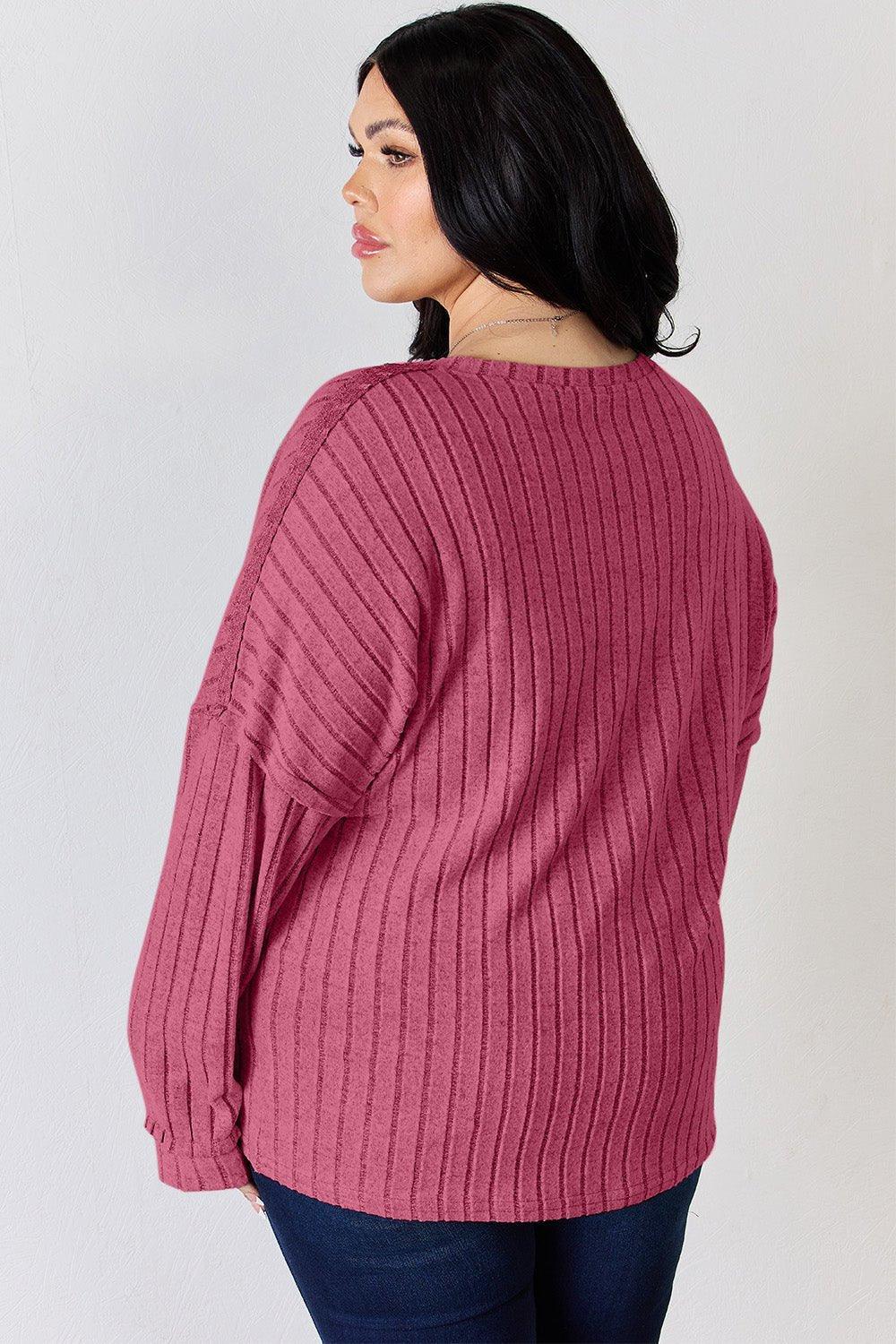 Basic Bae Full Size Ribbed Half Button Long Sleeve T - Shirt - Admiresty
