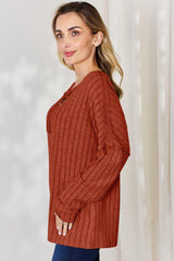 Basic Bae Full Size Ribbed Half Button Long Sleeve T - Shirt - Admiresty