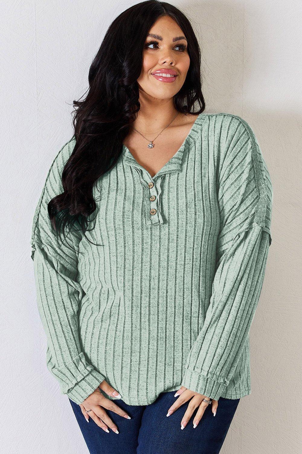 Basic Bae Full Size Ribbed Half Button Long Sleeve T - Shirt - Admiresty