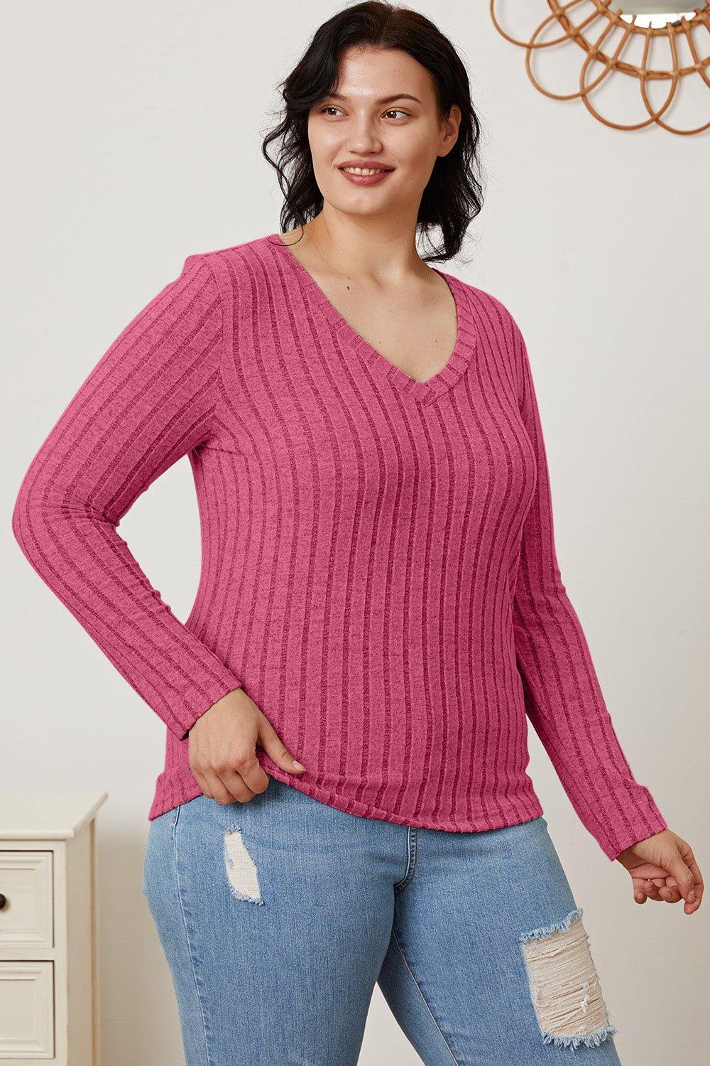 Basic Bae Full Size Ribbed V - Neck Long Sleeve T - Shirt - Admiresty