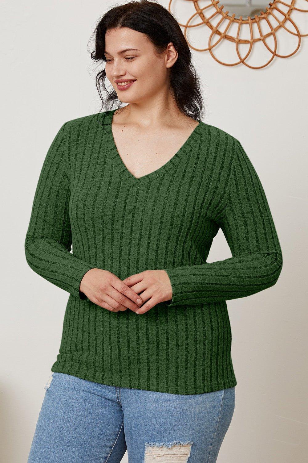 Basic Bae Full Size Ribbed V - Neck Long Sleeve T - Shirt - Admiresty
