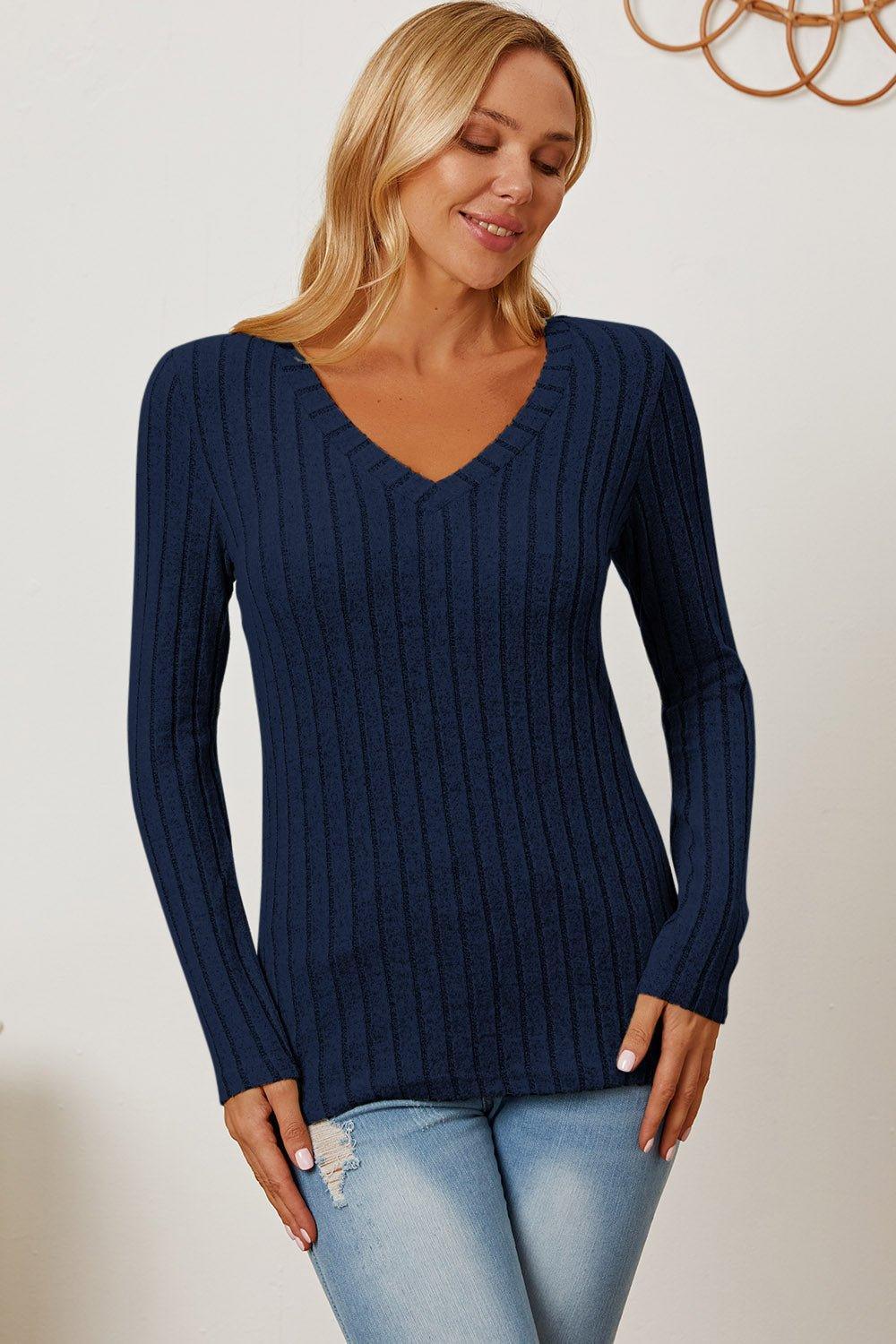 Basic Bae Full Size Ribbed V - Neck Long Sleeve T - Shirt - Admiresty