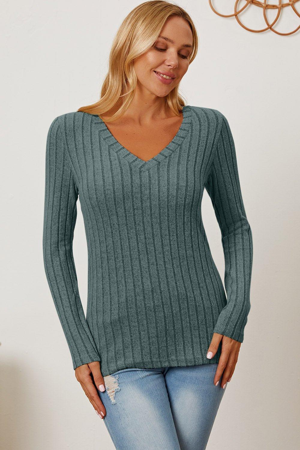 Basic Bae Full Size Ribbed V - Neck Long Sleeve T - Shirt - Admiresty
