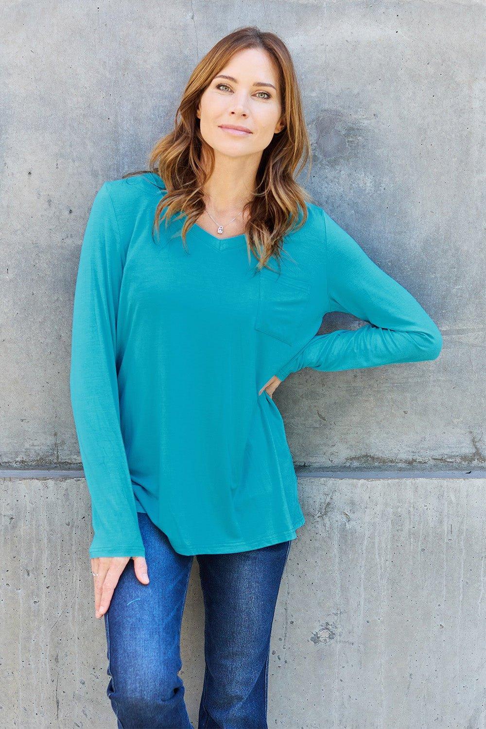 Basic Bae Full Size V - Neck Long Sleeve Top - Admiresty