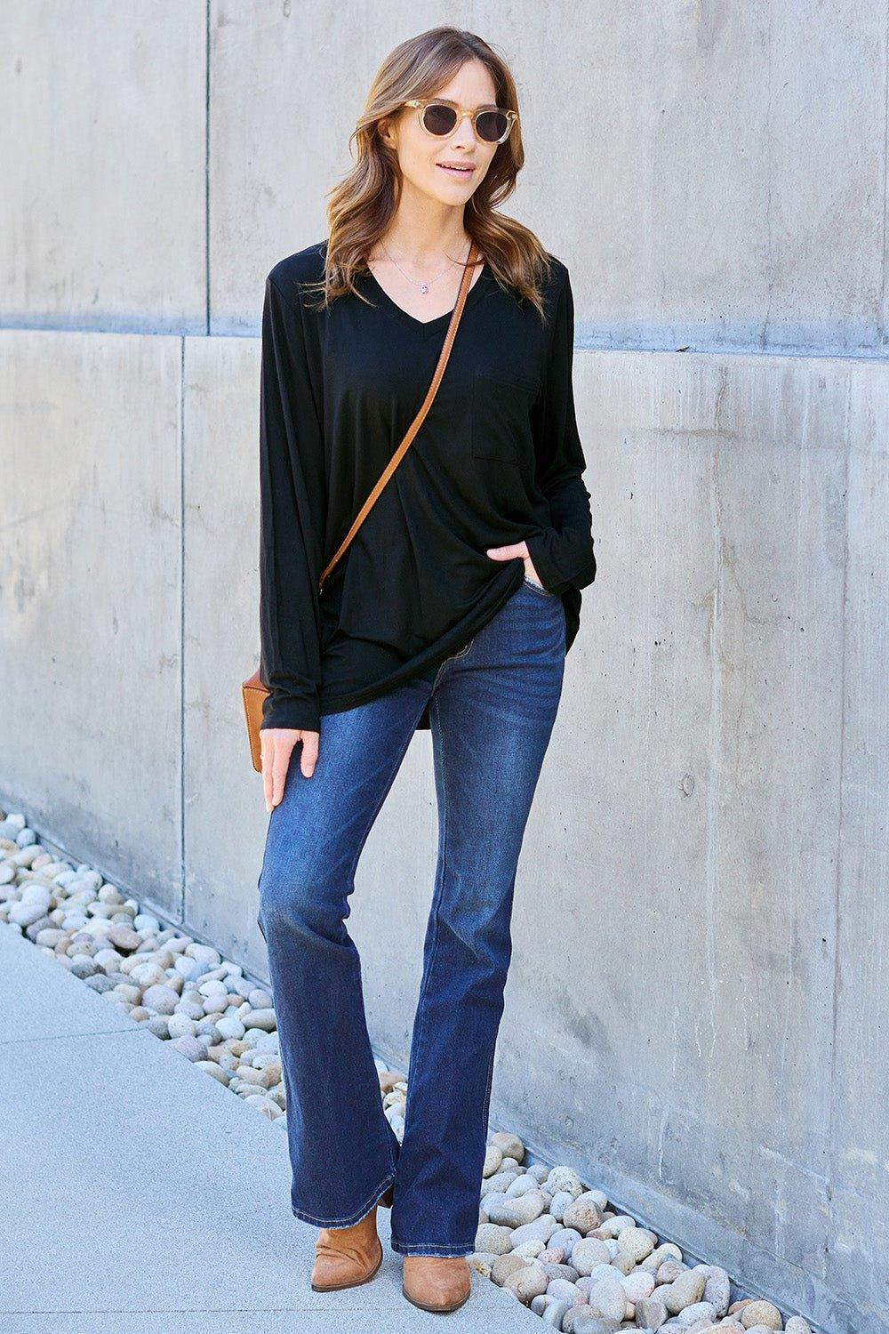 Basic Bae Full Size V - Neck Long Sleeve Top - Admiresty