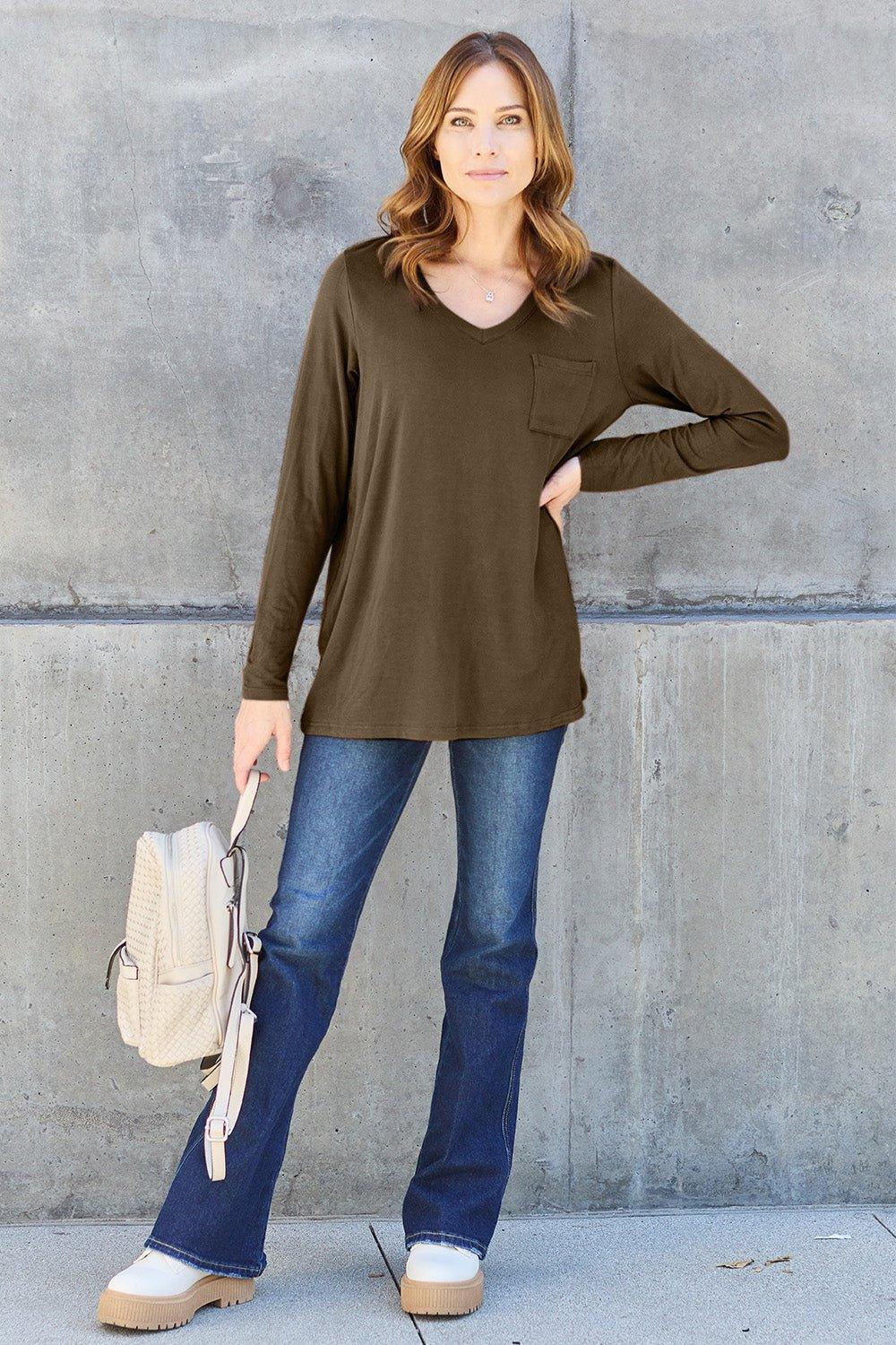 Basic Bae Full Size V - Neck Long Sleeve Top - Admiresty