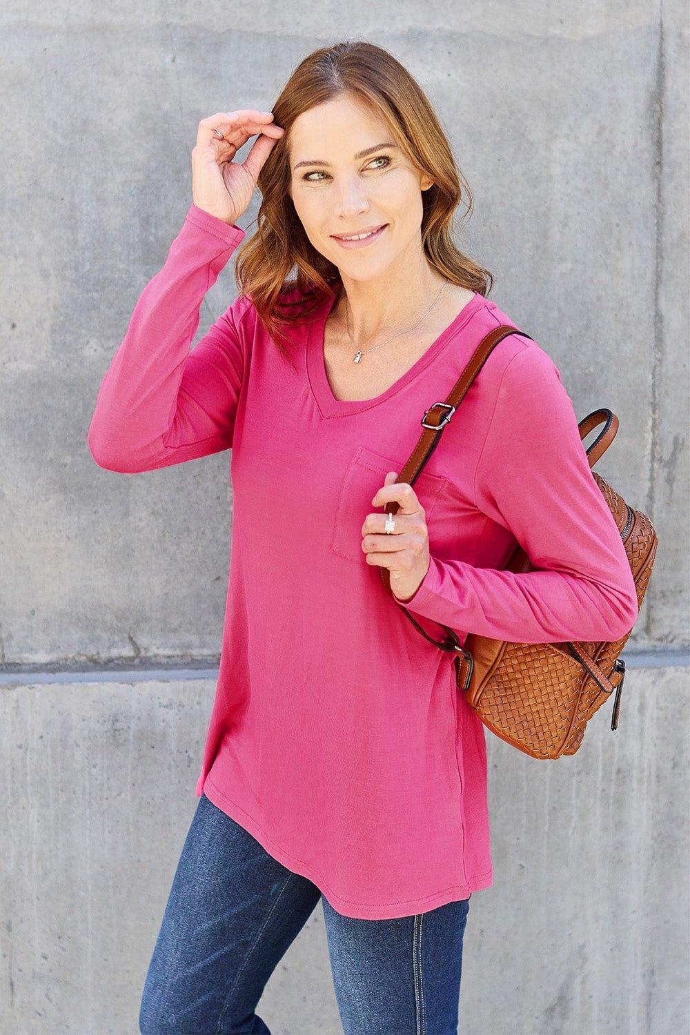 Basic Bae Full Size V - Neck Long Sleeve Top - Admiresty