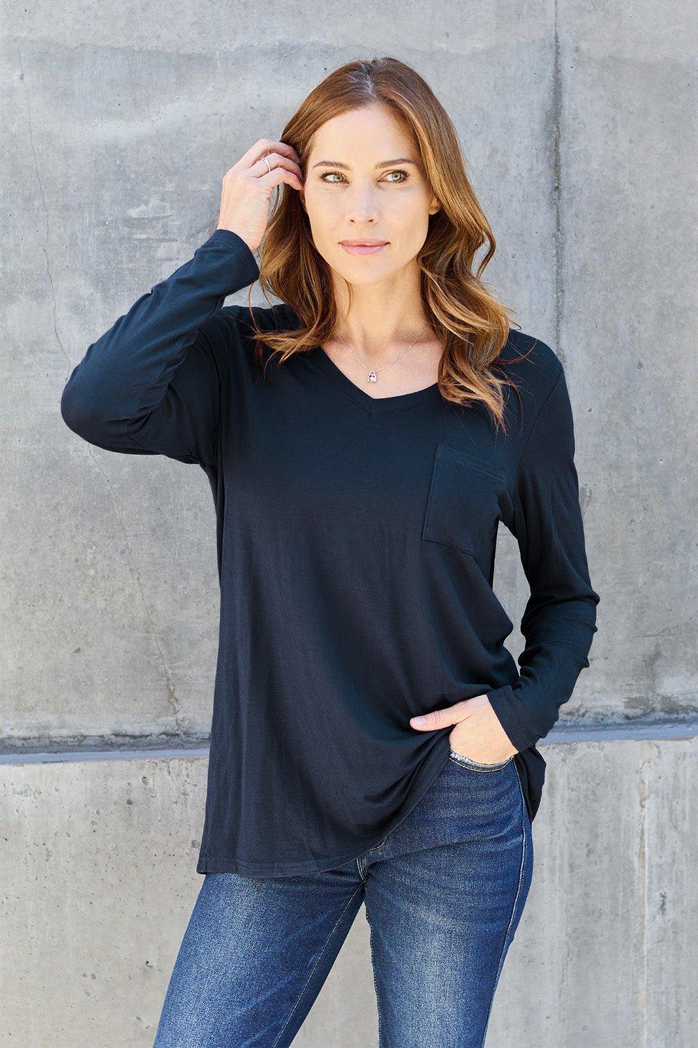 Basic Bae Full Size V - Neck Long Sleeve Top - Admiresty