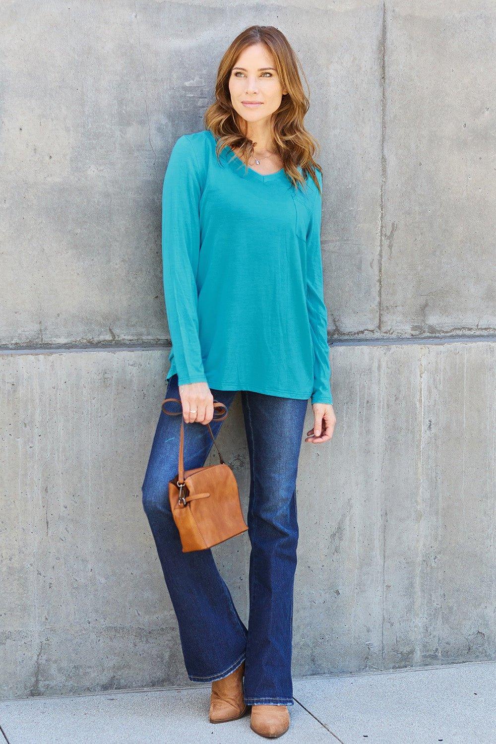 Basic Bae Full Size V - Neck Long Sleeve Top - Admiresty