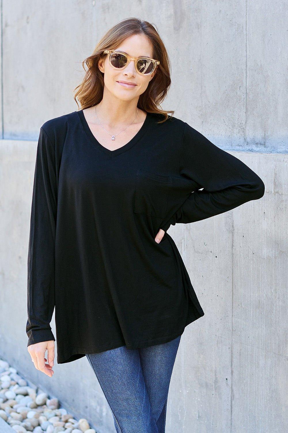 Basic Bae Full Size V - Neck Long Sleeve Top - Admiresty