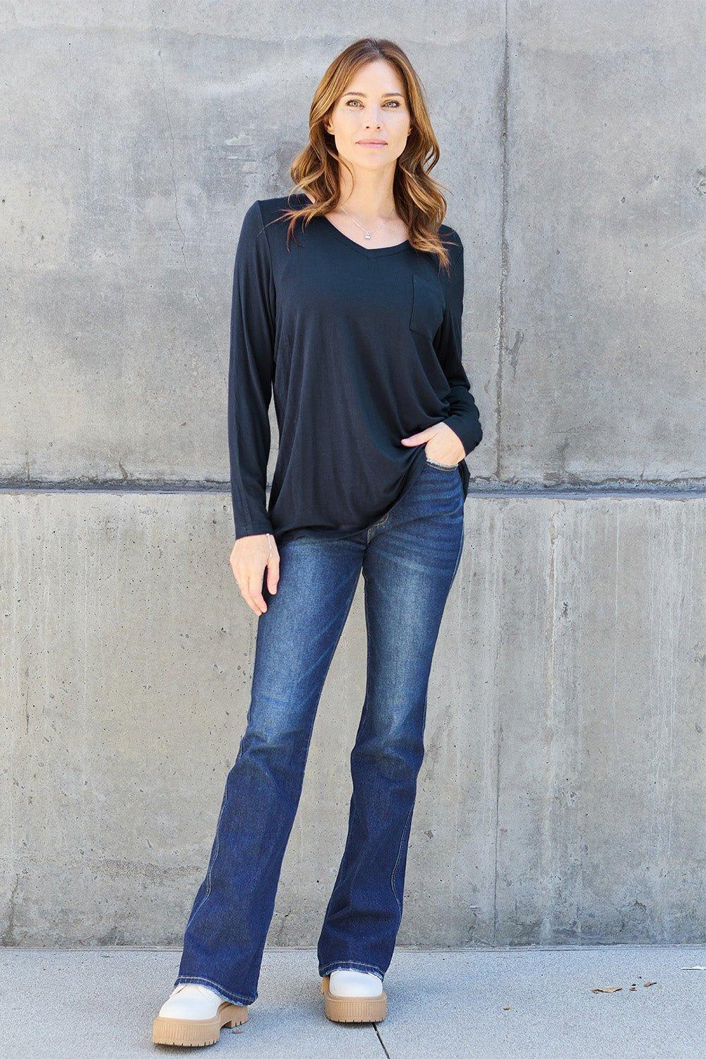 Basic Bae Full Size V - Neck Long Sleeve Top - Admiresty