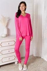 Basic Bae Full Size V - Neck Soft Rayon Long Sleeve Top and Pants Lounge Set - Admiresty