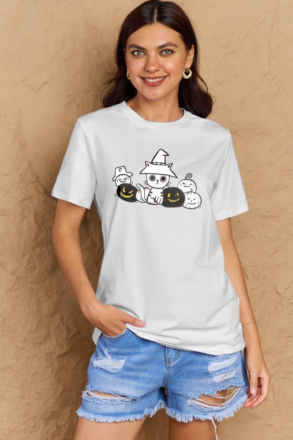 Camiseta de algodón con gráfico de gato y calabaza de tamaño completo Simply Love