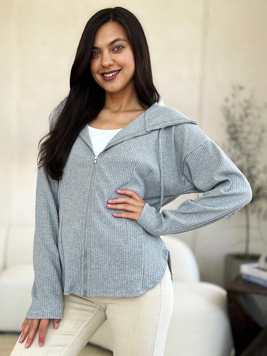 Culture Code Chaqueta con capucha y cordón de canalé con cremallera y tamaño completo