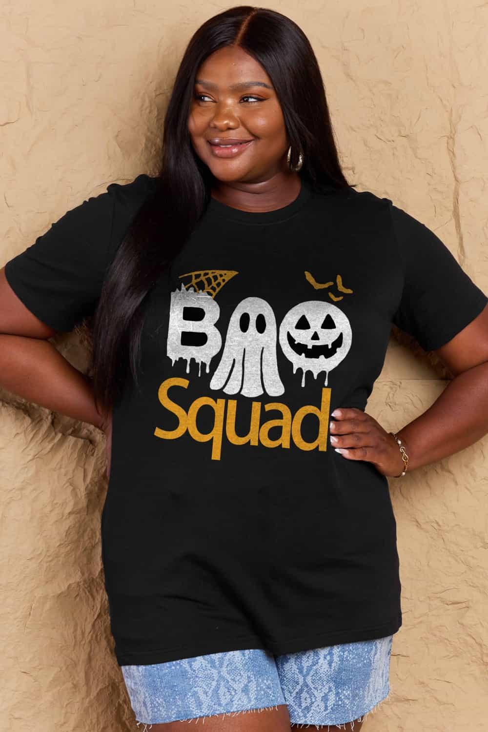 Camiseta de algodón con gráfico de tamaño completo de Simply Love BOO SQUAD