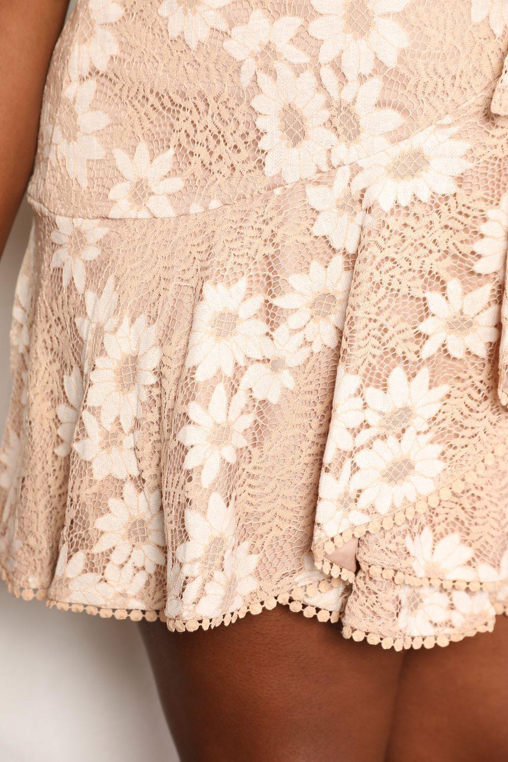 Double Take Floral Lace Pompom Detail Tie - Waist Flutter Sleeve Dress - Admiresty