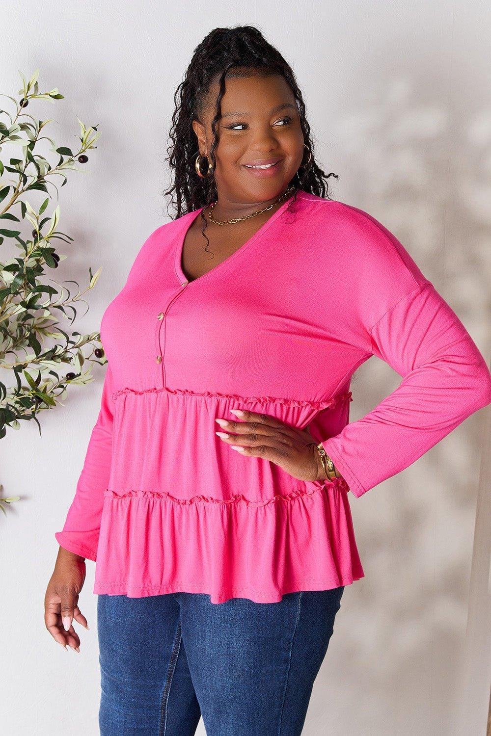 Double Take Half Button Long Sleeve Ruffle Hem Blouse - Admiresty