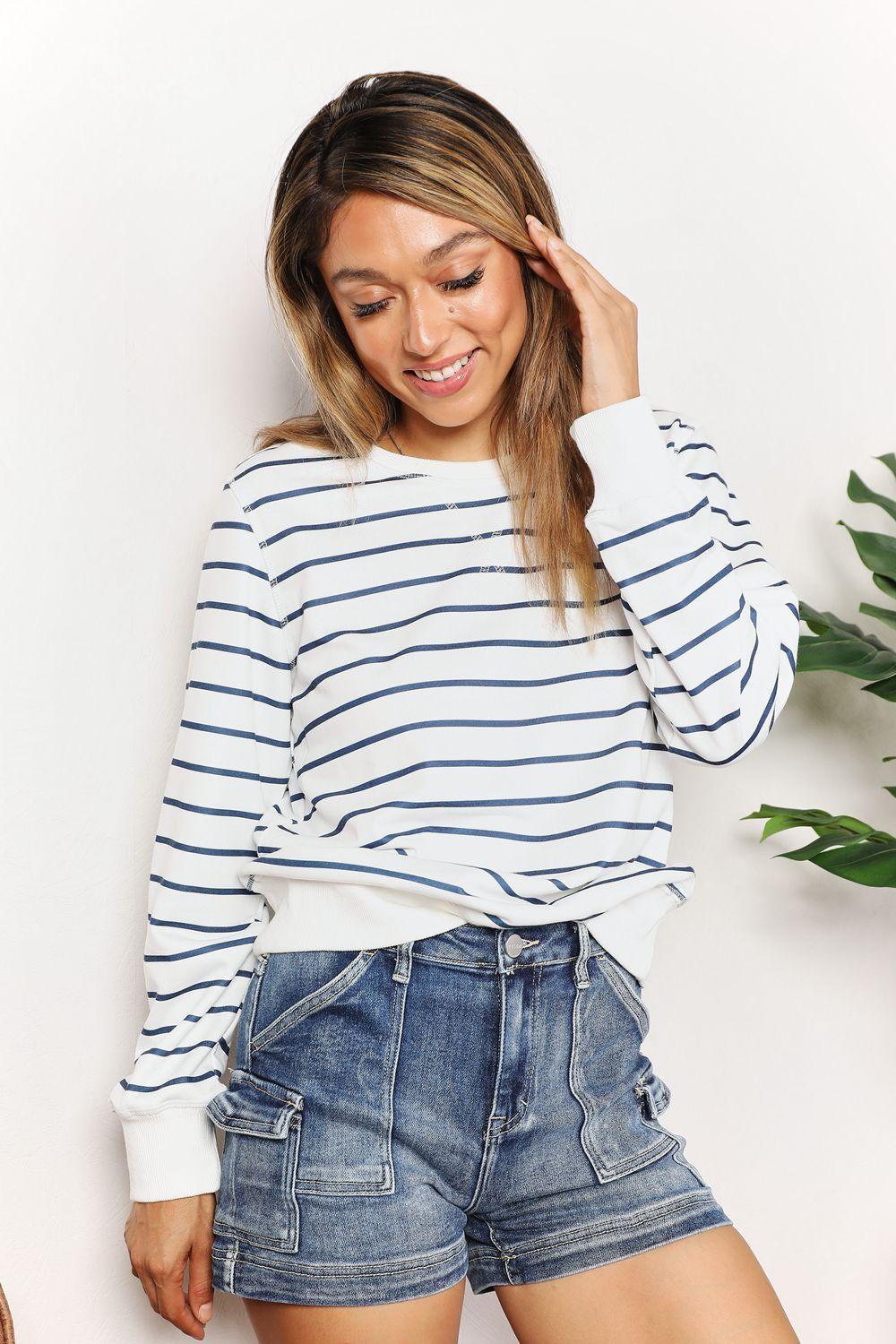 Double Take Striped Long Sleeve Round Neck Top - Admiresty