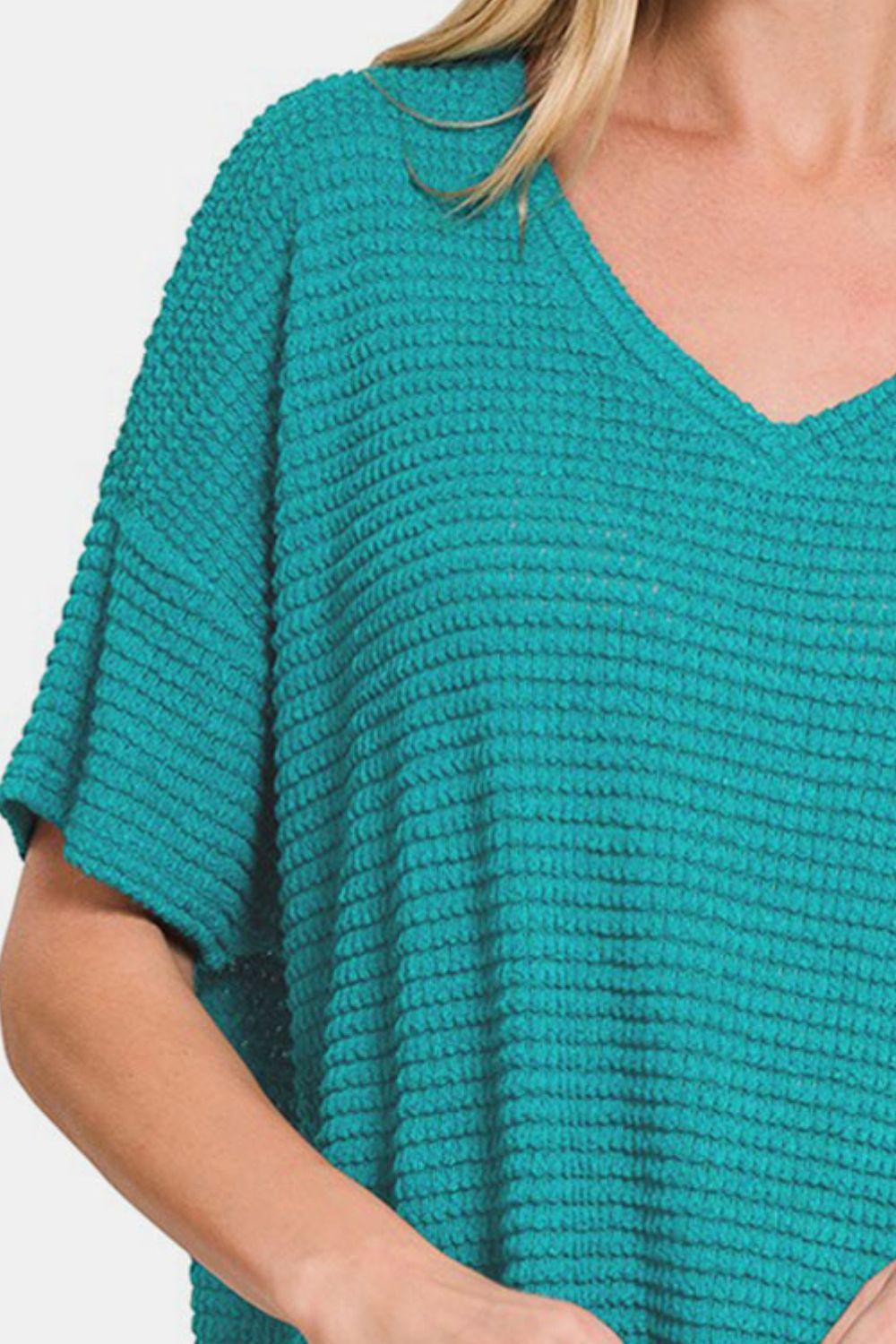 Blusa de punto jacquard de manga corta con hombros caídos de Zenana