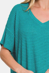Blusa de punto jacquard de manga corta con hombros caídos de Zenana