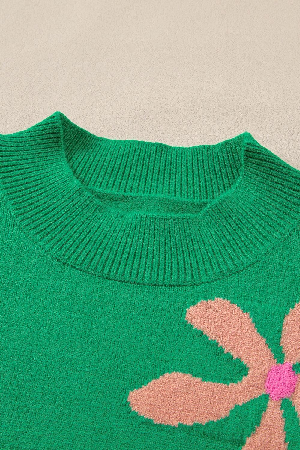 Suéter de manga corta con cuello alto y flores