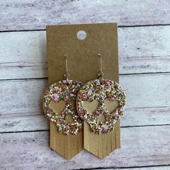 Pendientes colgantes de cuero sintético con calavera y lentejuelas